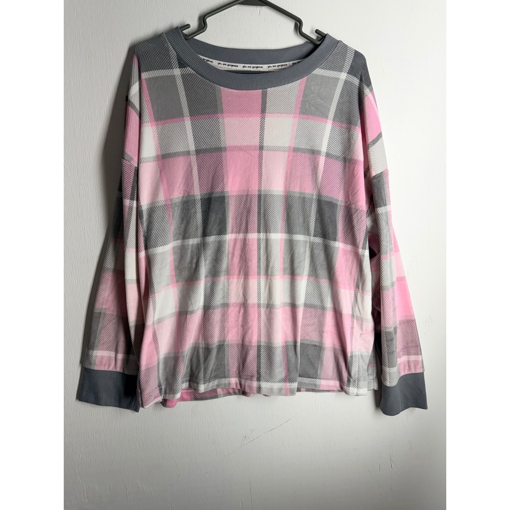 Joyspun Pink Grey Plaid Pajama Top Women XL 16-18 Long Sleeve Lounge Shirt